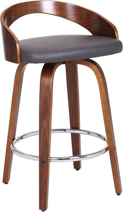 Armen Living Sonia 26" Counter Height Swivel Gray Faux Leather and Walnut Wood Bar Stool