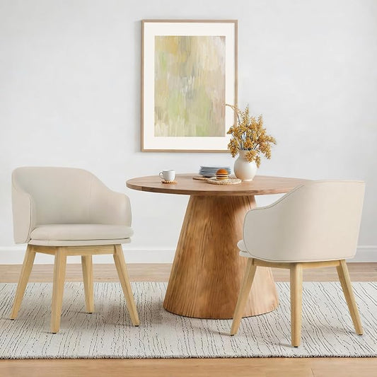 KISLOT Wooden Dining Chairs Set of 2, Faux Leather Upholstered Modern Dining Room Chairs with Barrel Backrest & Double-Layer Thick Cushion for Living Room, Restaurant, Kitchen and Café, Beige