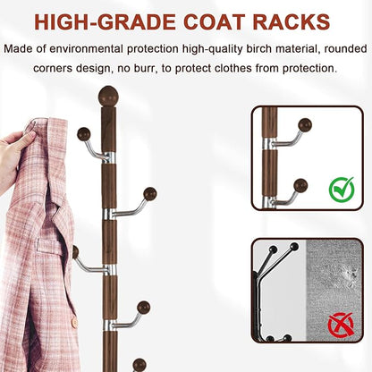 Coat Racks Freestanding, Natural Wood Coat Stands with 6 Hooks, 68" Heavy Duty Adjustable Height Vintage Hall Tree for Entryway, Bedroom, Office, Easy Assembly (Walnut Metal Hook)