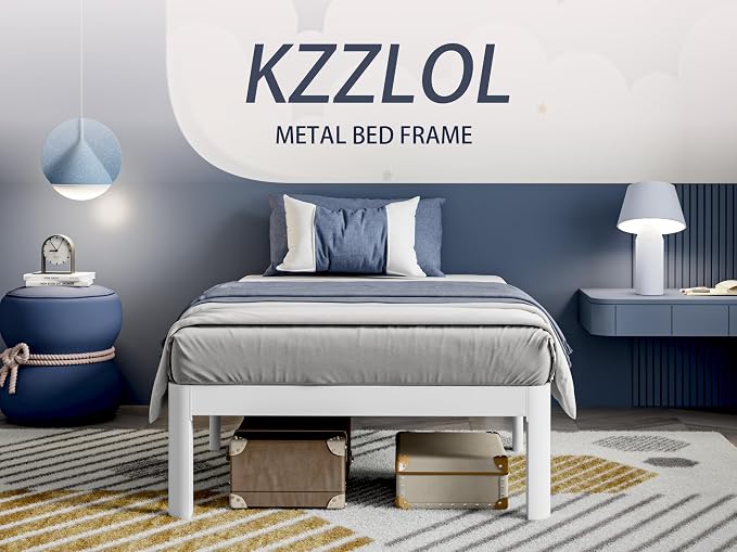 White Twin Size Bed Frames 12 Inch, Metal Platform Twin Bed Frame No Box Spring Needed, Heavy Duty Steel Support 3500 LBS, DIY Headboard, Round Legs, Noiseless, Storage Space, Easy Assembly