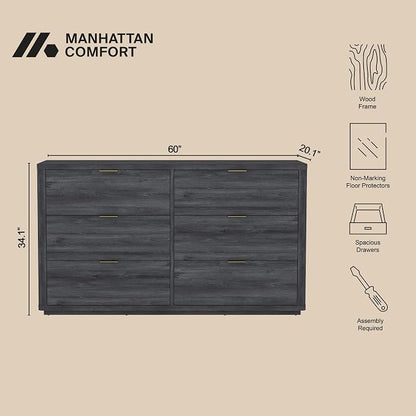 Manhattan Comfort Evelyn 60" Wide Modern Wood Dresser with 6 Drawers, Premium Storage Drawers with Rounded Edges and Brushed Gold Handles, Versatile Home Furniture, Charcoal Gray