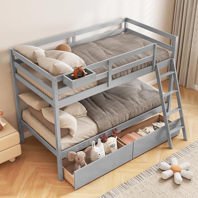 KOTEK Bunk Bed Twin Over Twin with 2 Storage Drawers, Solid Wood Bunk Bed Frame with Storage Cube, Guardrails, Ladder, No Box Spring Needed, Twin Bunk Beds for Kids Teens (Grey)