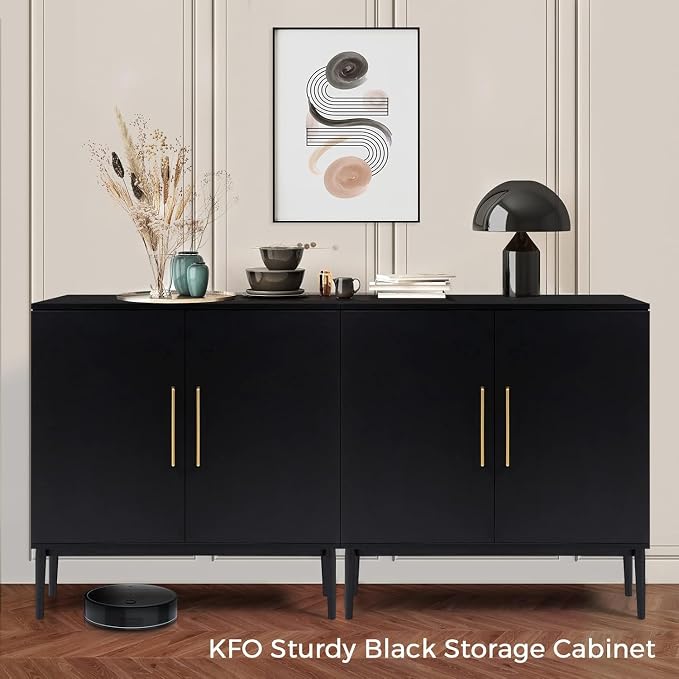 Set of 2 Black Storage Cabinet with Doors, Modern Accent Cabinet, Free Standing Cabinet with Adjustable Shelf, Wooden Buffet Sideboards for Living Room, Kitchen, Dining Room, Entryway