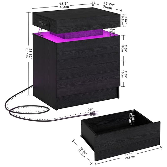 LIKIMIO Nightstand with Charging Station LED Light and 2 Drawers Black | bedside table; end table; charging station; LED light; 2 drawers; black wood grain; small spaces