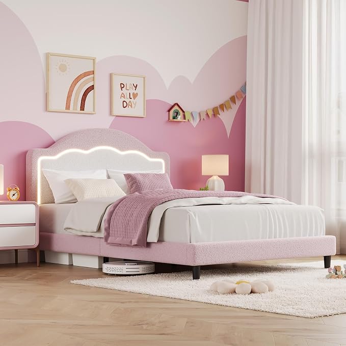 IDEALHOUSE Full Bed Frame with LED Headboard, Boucle Fabric Upholstered Platform Bed with LED Light for Kids, Girls, Wooden Slats Support, No Box Spring Needed, Pink