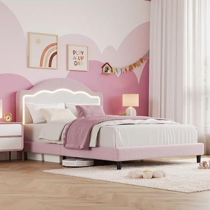 IDEALHOUSE Full Bed Frame with LED Headboard, Boucle Fabric Upholstered Platform Bed with LED Light for Kids, Girls, Wooden Slats Support, No Box Spring Needed, Pink