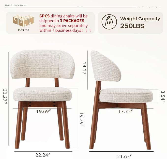 MALOL Wooden Dining Chairs Set of 6, Modern Upholstered Dining Room Chair, Fabric Kitchen Side Chairs with Curved Open Back for Living Room/Restaurant/Cafe, Beige