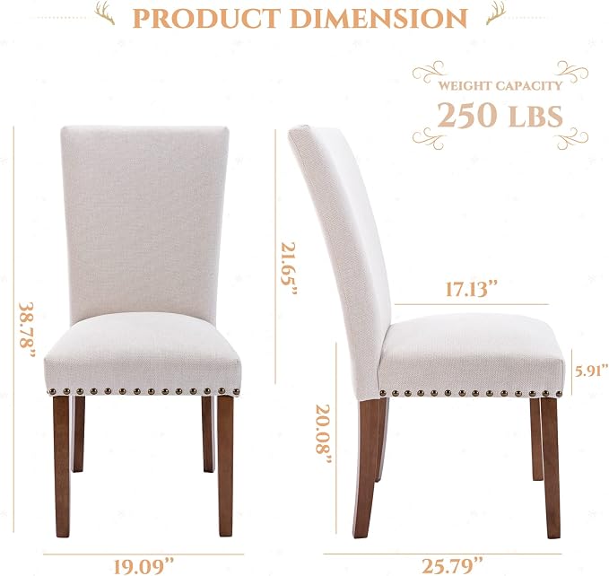 Upholstered Fabric Dining Chairs Set of 2, Parsons Dining Room Kitchen Side Chair with Nailhead Trim and Wood Legs - Beige