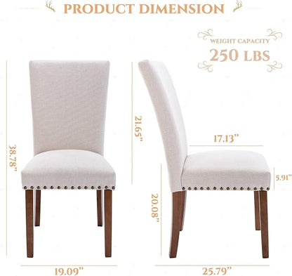 Upholstered Fabric Dining Chairs Set of 2, Parsons Dining Room Kitchen Side Chair with Nailhead Trim and Wood Legs - Beige