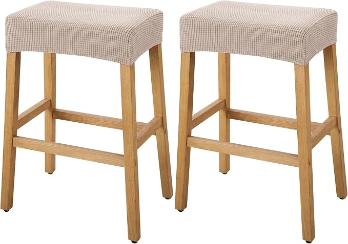YISUN Stool Covers Rectangle - 2 Pack Stretch Waterproof Saddle Seat Cover Counter Bar Stools Bar Chairs Covers Kitchen Island Chairs Cushion Protector (2, Khaki)