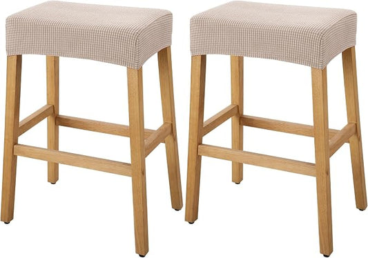 YISUN Stool Covers Rectangle - 2 Pack Stretch Waterproof Saddle Seat Cover Counter Bar Stools Bar Chairs Covers Kitchen Island Chairs Cushion Protector (2, Khaki)