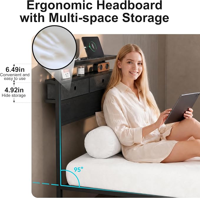 Twin Bed Frames with LED Lights and Charging Station, Platform Bed with Metal Slats, Wood Headboard with 2 Fabric Drawers and Storage Shelves, No Box Spring Needed