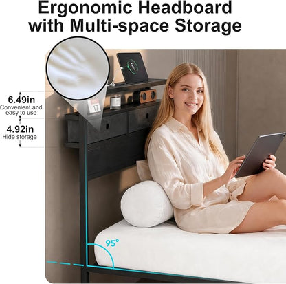 Twin Bed Frames with LED Lights and Charging Station, Platform Bed with Metal Slats, Wood Headboard with 2 Fabric Drawers and Storage Shelves, No Box Spring Needed