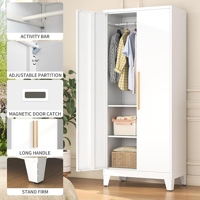 72" Tall Metal Armoire Wardrobe Closet - Large Clothing Storage Cabinet with 1 Hanging Rod,2 Adjustable Shelves & 2 Doors - Closet Organizer for Bedroom,Office, Laundry Room, Garage - White