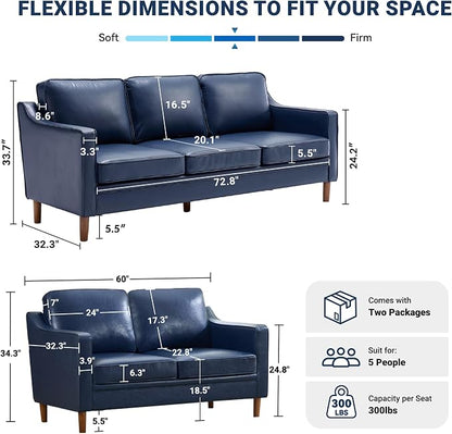 Kingfun Couch Sets for Living Room, 3 Seater Couch and Loveseat, Mid Century Modern Sofa Set, Faux Leather Couch with Solid Wood Frame for Bedroom