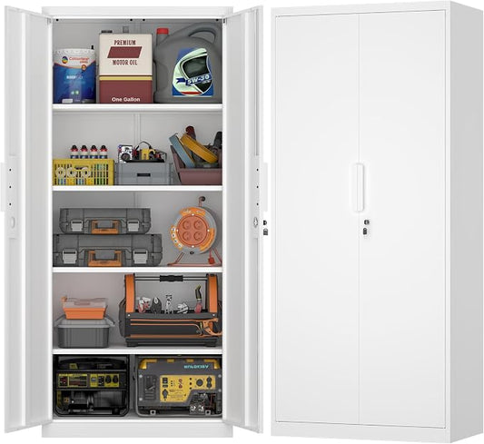White Metal Storage Cabinet with Doors and Shelves, 71" Tall Metal Garage Cabinets with Lock, Lockable Office Storage Cabinets, Steel Tool Cabinets for Home Office,Garage,Shop