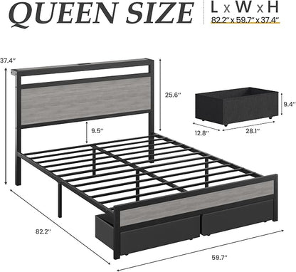 Fluest Queen Bed Frame,Queen Bed Frame with Storage Headboard & 2 Storage Drawer, Charging Station & LED Light, No Box Spring Needed, Noise Free, Easy Assembly, Rustic Grey