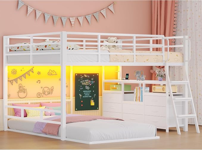 busyaeh Low Bunk Bed,Bunk Bed Full Over Twin with 8 Drawers & 4 Shelves | bunk Bed with Desk & 15" H Safety Guardrail & LED Lights and Charging Station,L-Shaped Bunk Beds with Stairs,White bunk bed