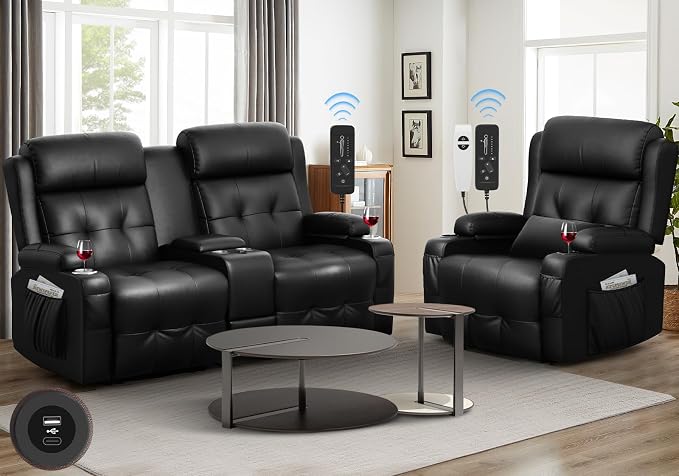 Reclining Loveseat, 2 Massage Loveseat Recliner Sofa Heavy Weight Capacity, RV Love Seat Clearance with Console, USB, Type C Port, Storage, Cup Holders, 1 Single Power Recliner Chairs Heat & Massage