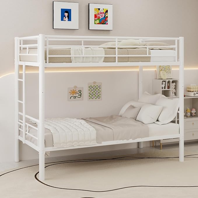 HRVEOCEI 2-Way Convertible Twin Over Twin Bunk Bed with Guardrail & Ladders, Metal Low Bunkbed for Kids Boys Girls, Heavy Duty, No Box Spring Needed, Space-Saving (White, No Trundle)