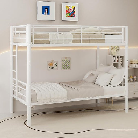 HRVEOCEI 2-Way Convertible Twin Over Twin Bunk Bed with Guardrail & Ladders, Metal Low Bunkbed for Kids Boys Girls, Heavy Duty, No Box Spring Needed, Space-Saving (White, No Trundle)