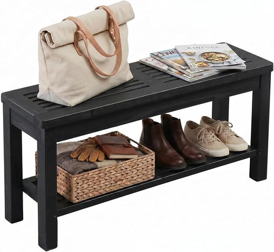 VINGLI Rustic Storage Bench, Solid Wood Seat with Storage Shelf, Indoor Outdoor Shoe Rack, 450lbs Capacity Small Outdoor Bench for Mudroom Entryway Patio Porch (Black, 40in)