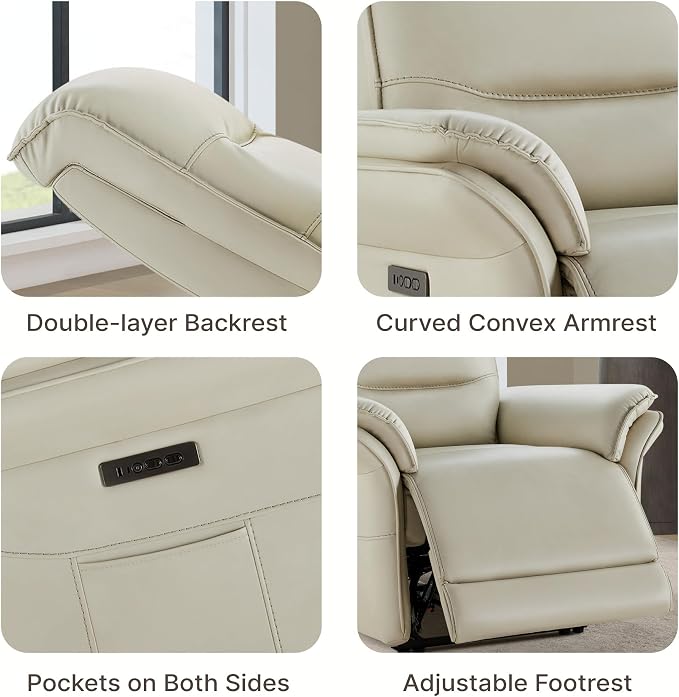 KISLOT Power Recliner Chair with Adjustable Headrest and Footrest, Dual Motor Leather Reclining Chair with USB/Type-C Charging, Zero Gravity Modern Electric Recliner for Adults Living Room Bedroom