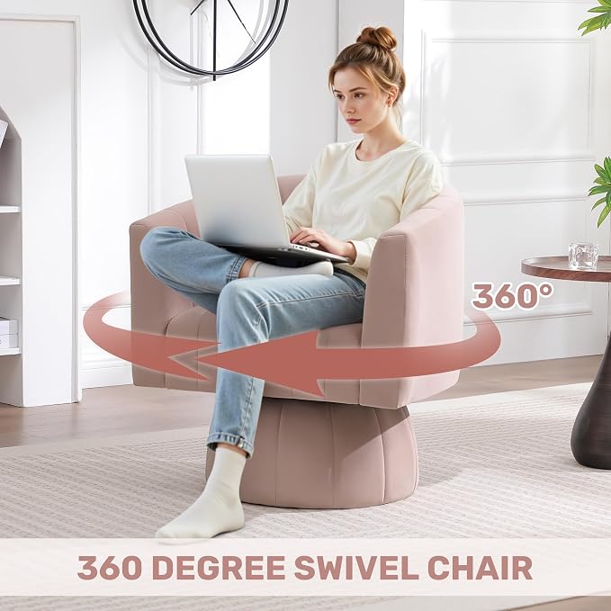 Swivel Accent Barrel Chair, Cute Comfy Small Round 360° Arm Chair. Velvet Sofa Club Reading Chair for Living Room Bedroom Office Pink