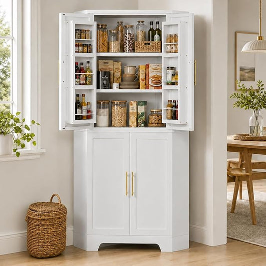 Corner Cabinet, Metal Storage, Kitchen Pantry Cabinet with Adjustable Shelves & Spice Rack, Tall Freestanding Corner Pantry with Shaker Doors & Gold Handles for Kitchen, Bathroom, Living Room (White)