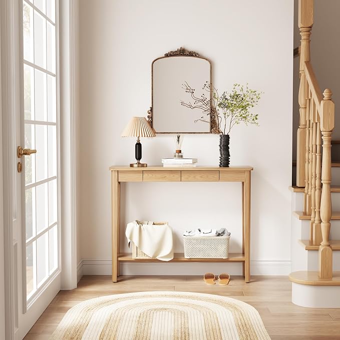 AQIMUELE Wood Console Table with Drawers, Walnut
