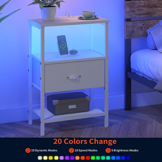 sthmec Nightstands with Charging Station, LED Bedside Tables with Charging Station and Fabric Drawer, Night Stand with Storage, 3 Tier Side Table with Open Shelf, LED Nightstand Bedside Table,White