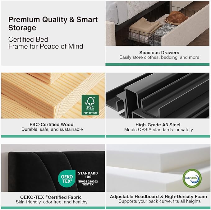 Novilla Queen Bed Frame with Headboard, Queen Bed Frame with Drawers, Queen Bed Frame with LED Lights, Charging Station and Adjustable Headboard, No Box Spring Needed, Black Velvet