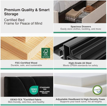 Novilla Queen Bed Frame with Headboard, Queen Bed Frame with Drawers, Queen Bed Frame with LED Lights, Charging Station and Adjustable Headboard, No Box Spring Needed, Black Velvet