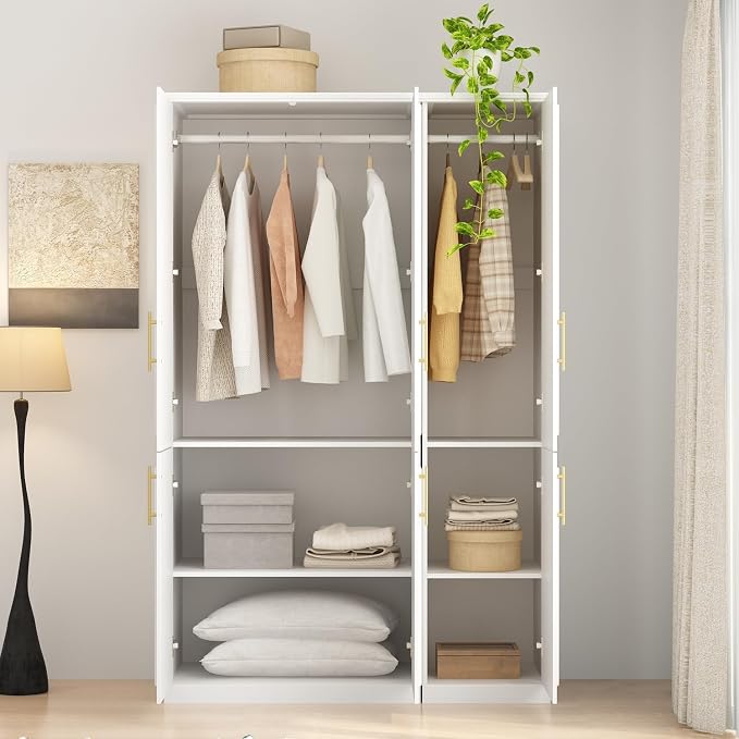 WOODTIME Wardrobe Closet with 2 Hanging Rods, Modern Wooden Armoire with 6 Framed Doors & 6 Shelves, Clothes Storage Cabinet Organizer for Bedroom Apartment, White