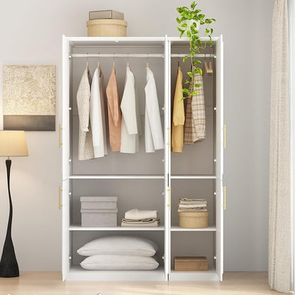 WOODTIME Wardrobe Closet with 2 Hanging Rods, Modern Wooden Armoire with 6 Framed Doors & 6 Shelves, Clothes Storage Cabinet Organizer for Bedroom Apartment, White