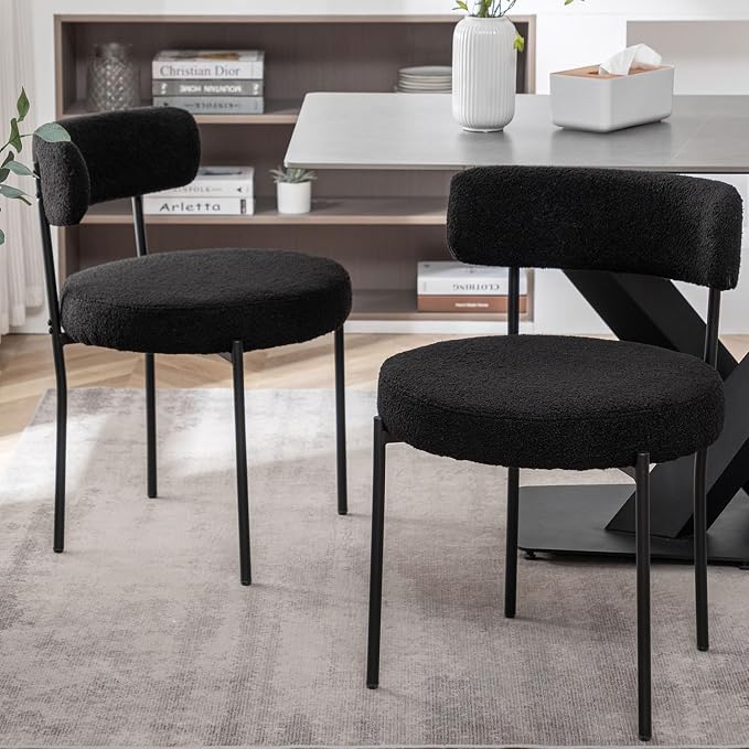 Cinxzar Black Boucle Dining Chairs Set of 2, Upholstered Dining Room Chairs with Black Metal Legs, Round Modern Dining Chair for Dining Room, Kitchen