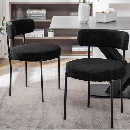 Cinxzar Black Boucle Dining Chairs Set of 2, Upholstered Dining Room Chairs with Black Metal Legs, Round Modern Dining Chair for Dining Room, Kitchen