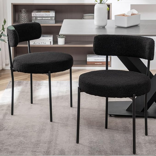 Cinxzar Black Boucle Dining Chairs Set of 2, Upholstered Dining Room Chairs with Black Metal Legs, Round Modern Dining Chair for Dining Room, Kitchen