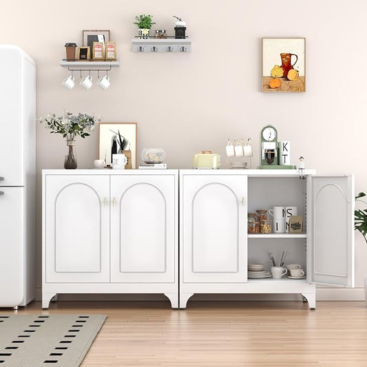 SteeLoong Metal Sideboard Buffet Cabinet with Storage,33 Inch Coffee Bar Cabinet with Adjustable Shelf, White Kitchen Sideboard Cabinets for Dining Room, Living Room
