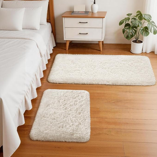 Ophanie Small Rug Washable Non Slip Throw Bedside Area Rugs, Fluffy Soft Mini Bedroom Carpet, 1.5x2.5 and 1.5x4 Rug Set, 2 Piece Ivory