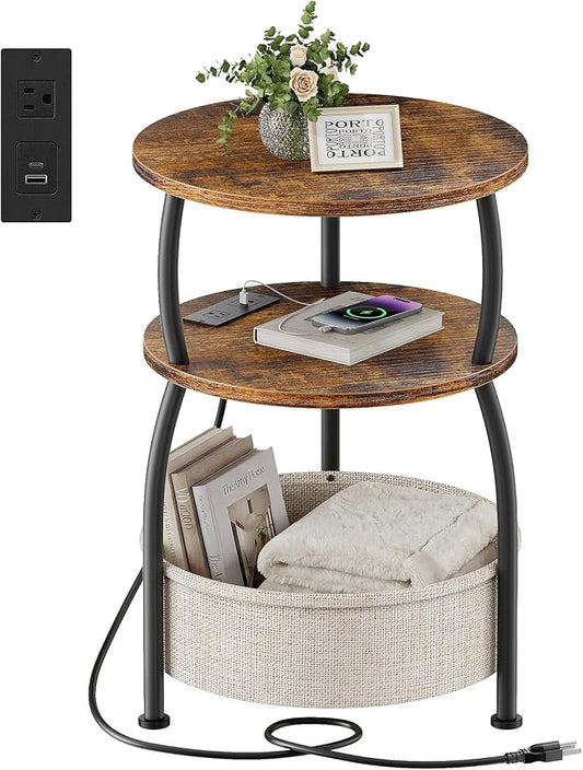 Round Side Table with Charging Station, USB Type C Port, Brown | Small Table with Basket, 3 Tiers Sofa Couch Table, Bedside Table for Living Room Bedroom, Garden,Small Spaces, 15.75in