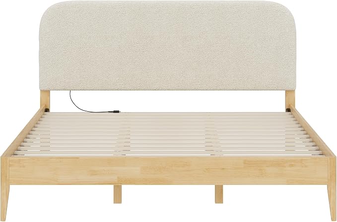 KISLOT Wood Bed Frame with USB & Type-C Charging, Boucle Platform Bed with Upholstered Headboard Mattress Foundation No Box Spring Needed Easy Assembly