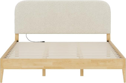 KISLOT Wood Bed Frame with USB & Type-C Charging, Boucle Platform Bed with Upholstered Headboard Mattress Foundation No Box Spring Needed Easy Assembly