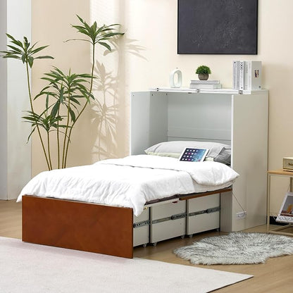 VINGLI Twin Murphy Bed with Storage Drawer,Rustic & Scandinavian Style Foldable Bed Cabinet with Charging Station,Hideaway Paltform Panel Bed for Small Spaces,Guest Room,Office,Apartment,Golden Brown