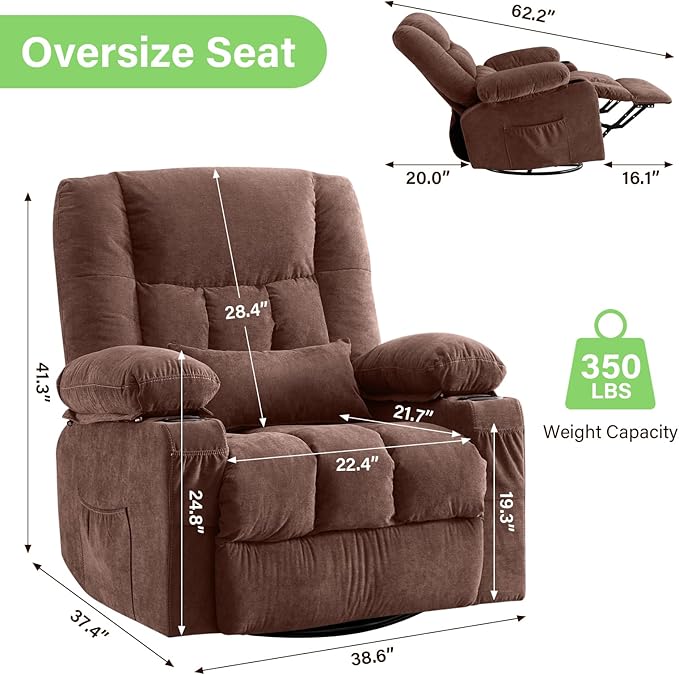 BOSMILLER 360° Swivel Rocker Recliner Chair for Adults,Oversized Recliner Chair with Massage and Heating, Manual Nursery Glider Recliner with Cup Holder and Side Pocket for Living Room, Bedroom