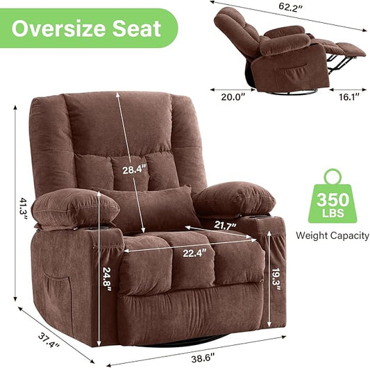 BOSMILLER 360° Swivel Rocker Recliner Chair for Adults,Oversized Recliner Chair with Massage and Heating, Manual Nursery Glider Recliner with Cup Holder and Side Pocket for Living Room, Bedroom