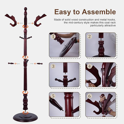 Wooden Coat Rack Freestanding with 11 Hooks, Adjustable Height Coat Tree Free Standing Heavy Duty for Entryway, Easy Assembly Solid Wood Sturdy Coat Hats Hanger Stand for Office Hallway Bedroom