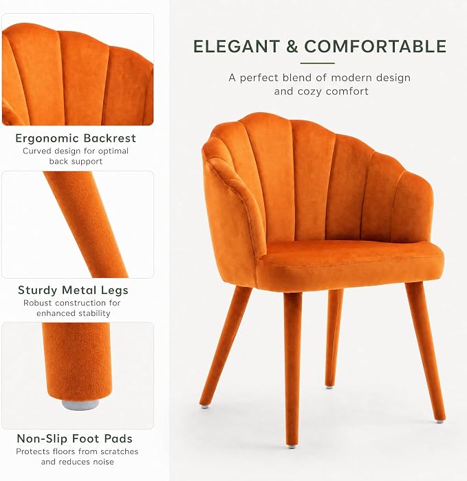 Hyfirm Velvet Dining Chairs Set of 2, Upholstered Modern Kitchen Dining Chairs with Petal Back & Fabric Covered Wooden Legs, Comfy Accent Armchairs for Bedroom/Kitchen/Vanity, Orange