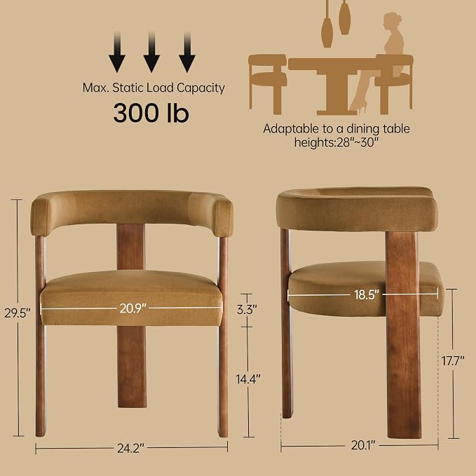 USAINT Wooden Barrel Dining Chairs Set of 6, Mid-century Modern Upholstered Dining Room Chairs with Walnut Wood Legs and Loop Back, Comfy Accent Arm Chair for Dining room, Kitchen, Living room, Orange