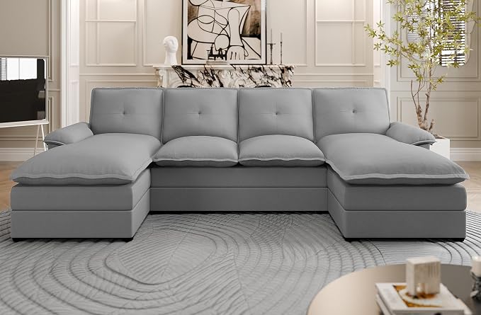 110" Sectional Couches for Living Room,U Shaped Big Sofa Couch with Double Chaise,Modern 4 Seat Modular Sofa Couches with Thick Cushion & Soft Backrest,New Grey